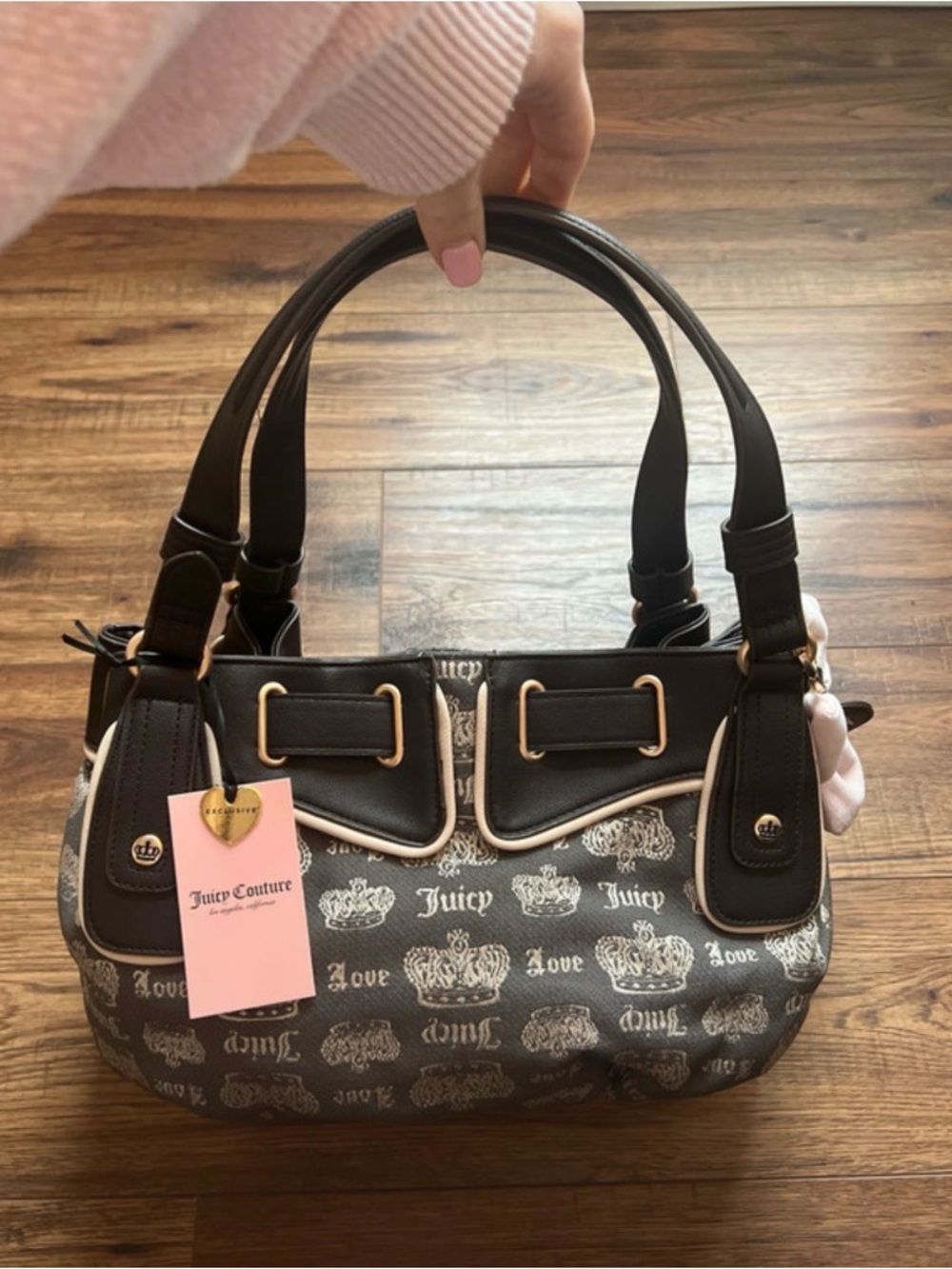 Juicy Couture Black Logo-Print Shoulder Bag with Pink Tag